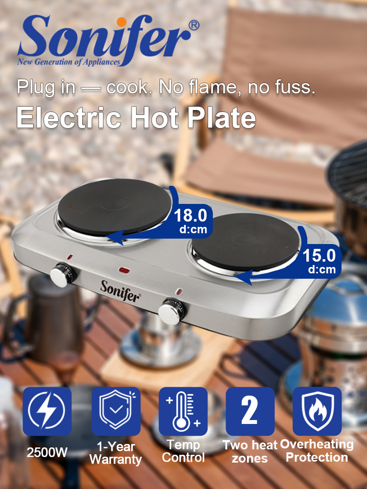 Hot Pot Portable Dual - ダブルバーナー電気コンロ Sonifer SF-3059 2500W ホットプレート 185mm+155mm