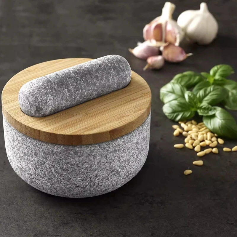 Mortar Pestle Granite - 竹製の蓋付き花崗岩乳鉢、石臼、泥すり器、スパイスグラインダー