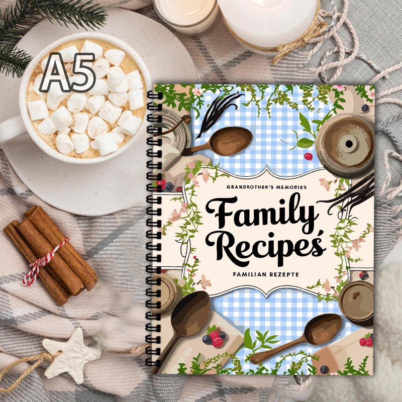 Home Cooking Recipe - A5レシピブック、ブルーグリッド、蔓模様デザイン、家庭料理愛好家やプロのシェフへの完璧な贈り物、レシピブック
