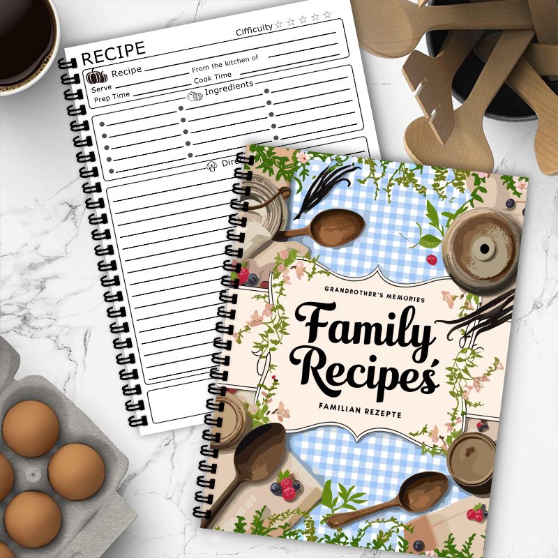 A5レシピブック、ブルーグリッド、蔓模様デザイン、家庭料理愛 - Home Cooking Recipe のレビューと価格